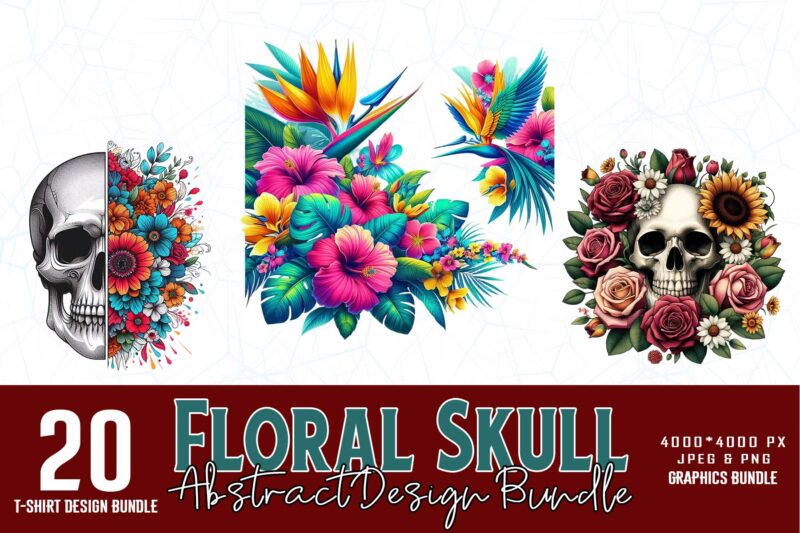 Vintage Punk Style Floral Skull t-shirt design bundle of 20 designs – download instantly
