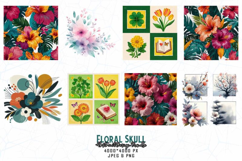 Mega Bundle of Trendy Retro Punk Skull Floral t-shirt design bundle of 100 designs