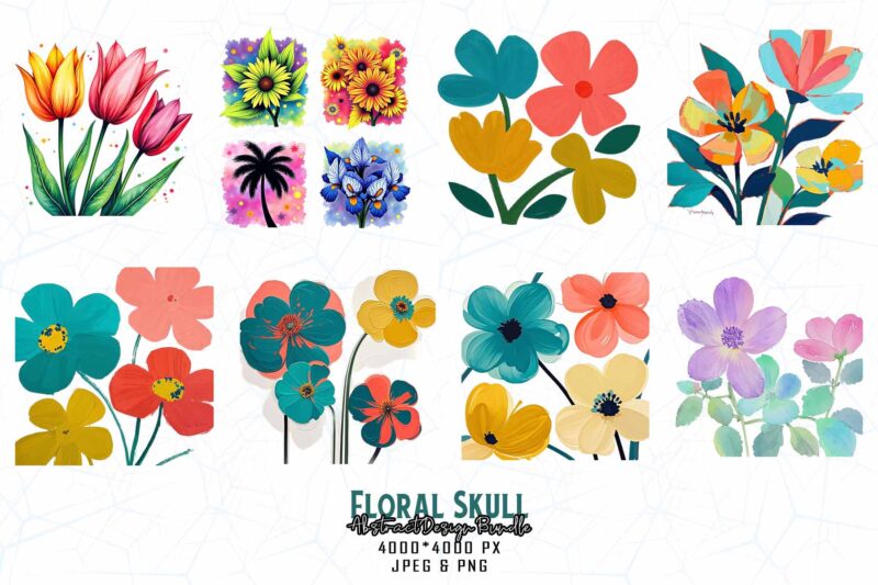 Trendy Retro Punk Skull Floral t-shirt design bundle of 100 designs – bestselling design bundle download instantly