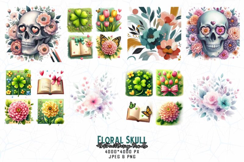 Mega Bundle of Trendy Retro Punk Skull Floral t-shirt design bundle of 100 designs