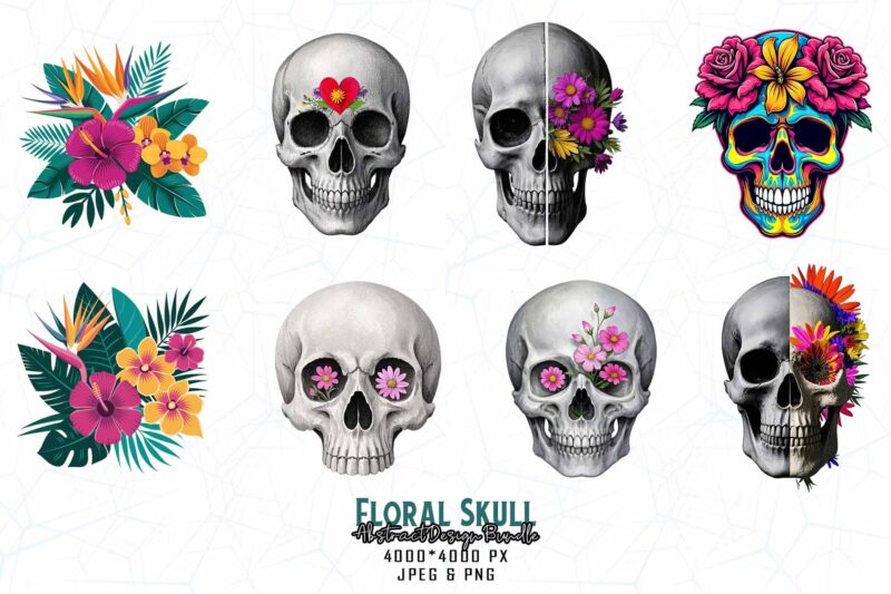 Best Selling Popular Punk Style Floral Skull t-shirt design bundle of 100 designs – download instantly