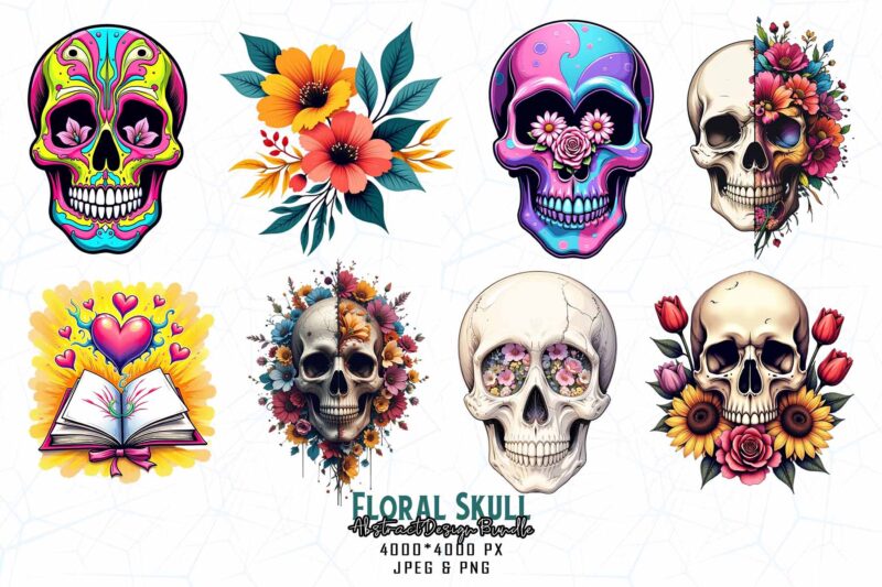 Best Selling Popular Punk Style Floral Skull t-shirt design bundle of 100 designs – download instantly