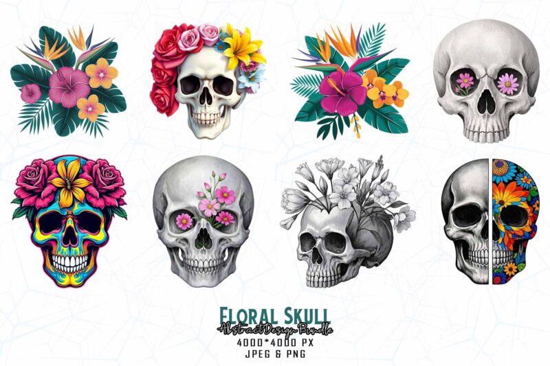 Best Selling Popular Punk Style Floral Skull t-shirt design bundle of 100 designs – download instantly