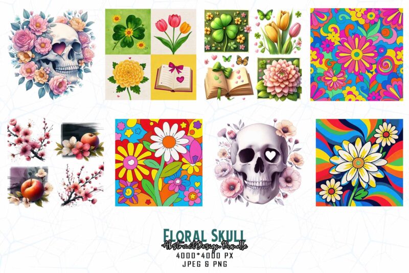 Mega Bundle of Trendy Retro Punk Skull Floral t-shirt design bundle of 100 designs