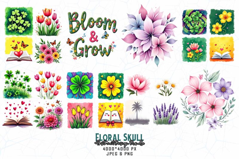 Trendy Retro Floral Skull Punk t-shirt design bundle of 20 designs – download instantly
