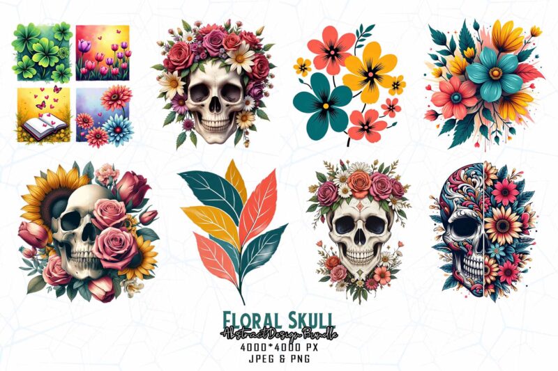Vintage Floral Skull t-shirt design bundle of 20 designs – download instantly