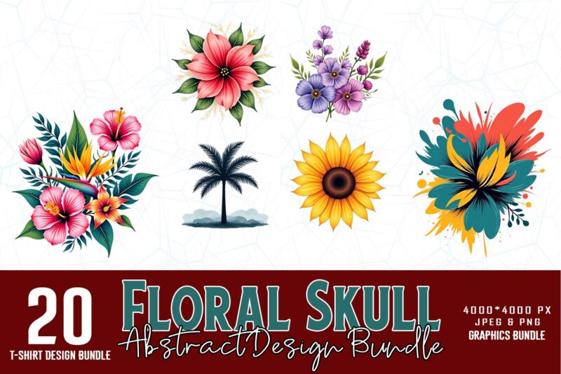 Trendy Retro Floral Skull t-shirt design bundle of 20 design