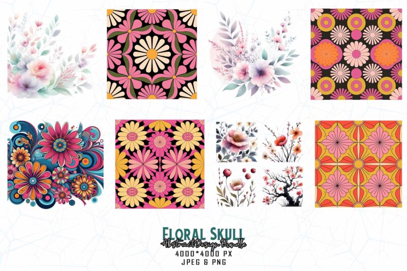 Trendy Retro Floral Skull Punk t-shirt design bundle of 20 designs