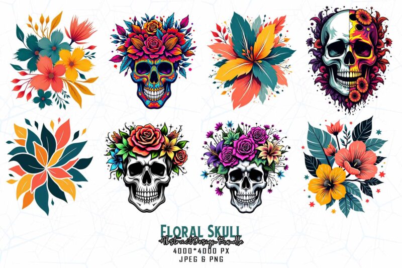 Popular Punk Floral Skull t-shirt design bundle of 20 design Bundle