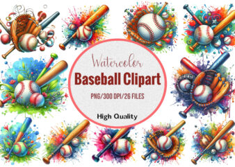 Watercolor baseball clipart bundle