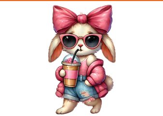 Cute Easter Bunny Drinking Ice coffee Easter Bow PNG t shirt vector file