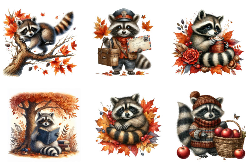 Autumn Raccoons Clipart Bundle