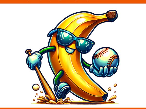 Banana playing baseball png, funny fruit lover baseball player png t shirt template