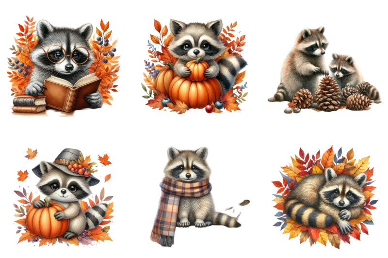 Autumn Raccoons Clipart Bundle