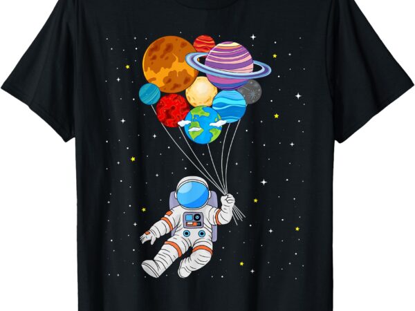 Astronaut holding planet space art for boys girls stem kids t-shirt