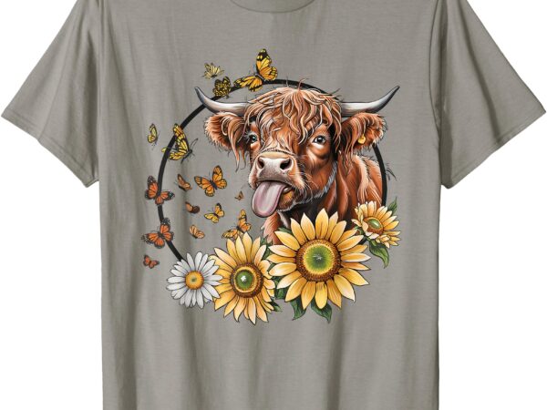 Cute highland cow sunflower butterfly farmer farm cow lover t-shirt