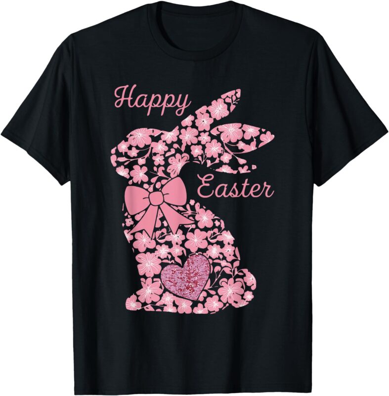 Happy Easter Pink Floral Chinoiseries Bunny Coquette Bow T-Shirt