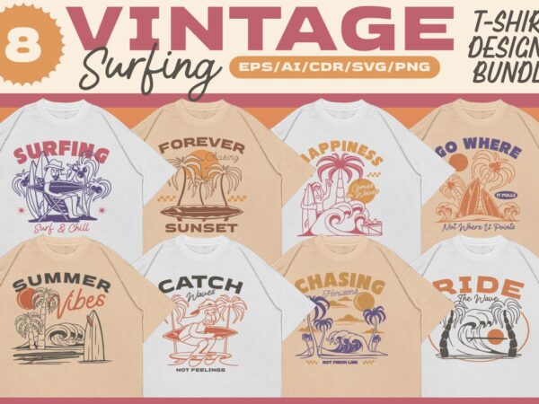 Vintage surfing t-shirt designs bundle