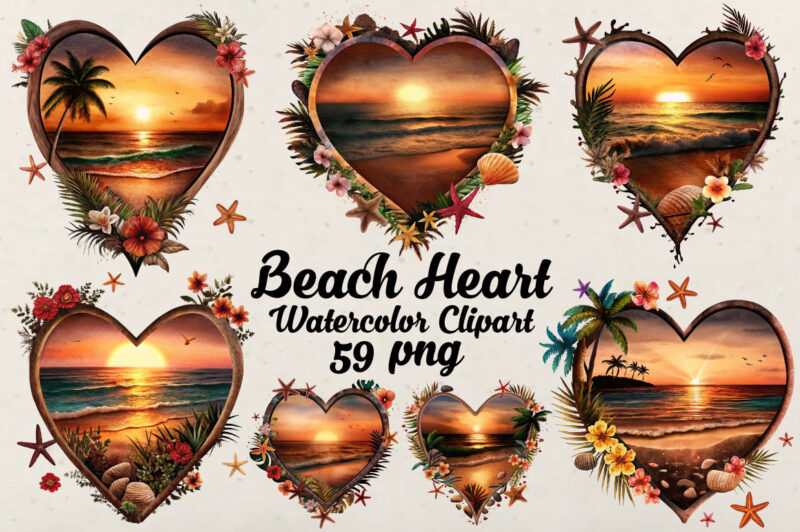 Retro Beach Heart Watercolor Clipart