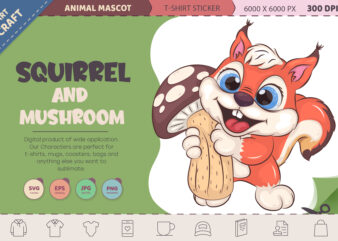 Cartoon Squirrel and mushroom. T-Shirt, PNG, SVG.