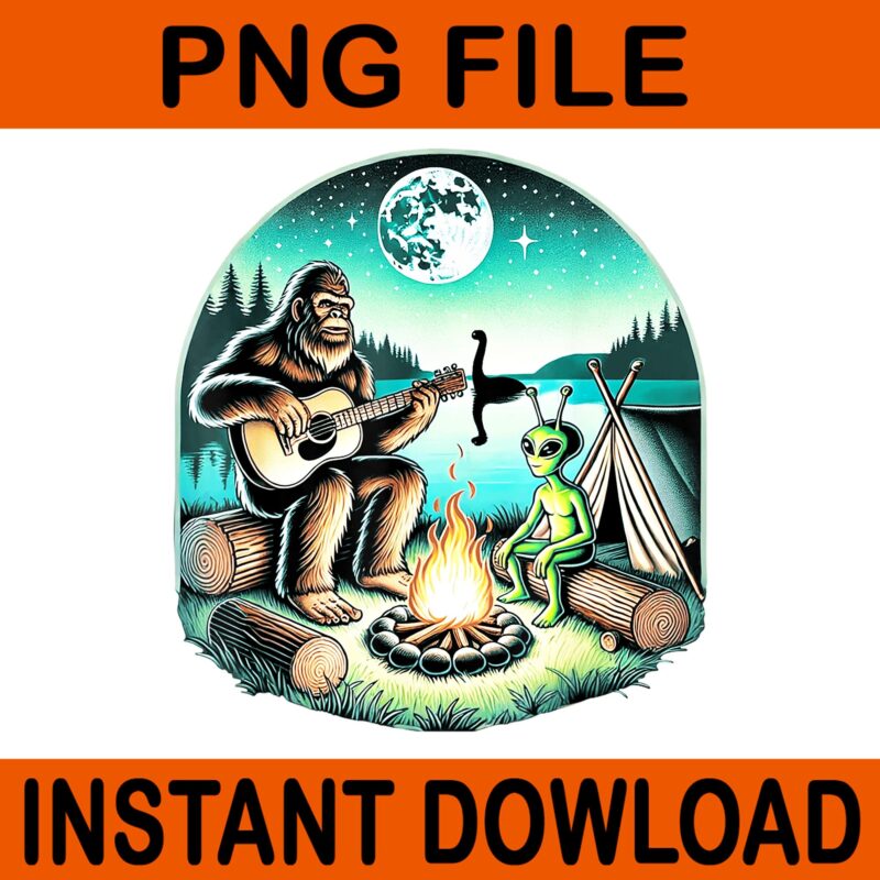 Alien and Bigfoot Loch Ness Campfire Sasquatch Guitar PNG