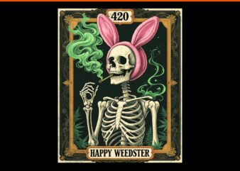 Skeleton smoking weed tarot card png, happy weedster 420 easter png
