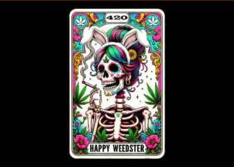 Skeleton smoking weed tarot card png, happy weedster 420 easter png