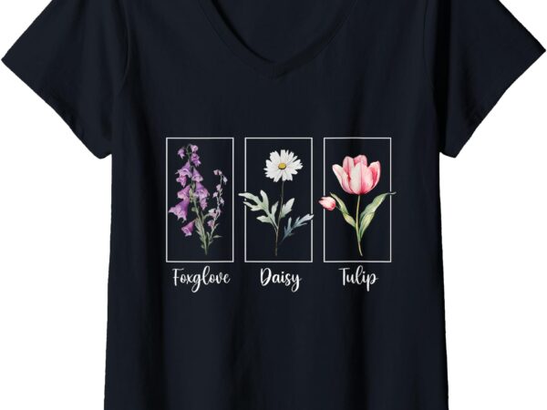 Womens subtle floral foxglove daisy tulip flowers women v-neck t-shirt