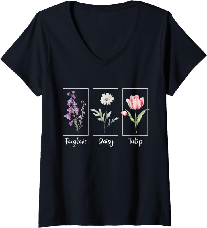 Womens Subtle Floral Foxglove Daisy Tulip Flowers Women V-Neck T-Shirt