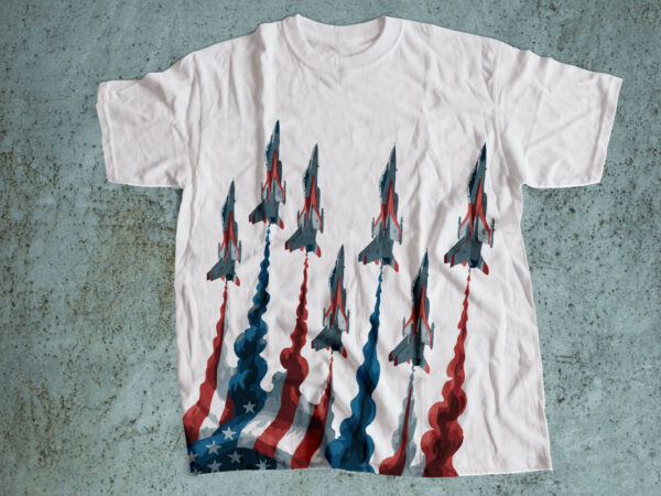 Fighter jet formation with american flag contrails t-shirt design – patriotic military airshow art for bold apparel