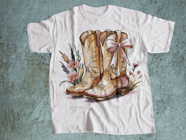 Watercolor cowgirl boots with bow t-shirt design – feminine western fashion illustration for country chic apparel Watercolor cowgirl boots with bow t-shirt design – feminine western fashion illustration for country chic apparel