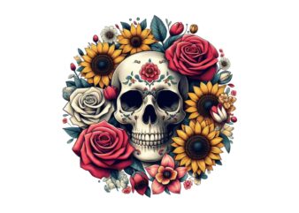 Watercolour Floral Skull Retro Illustration T-shirt design