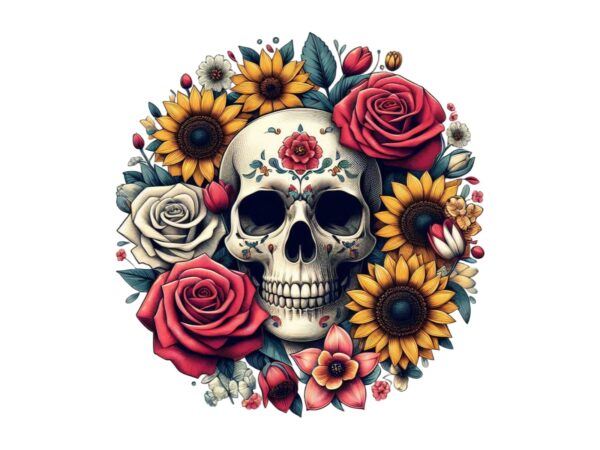 Watercolour floral skull retro illustration t-shirt design