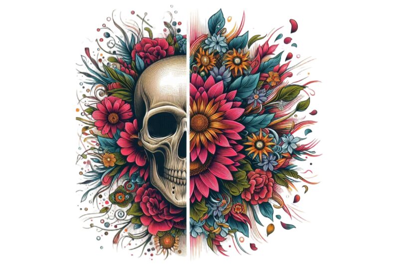 Trendy Retro Floral Skull Punk Graphics t-shirt design jpeg & png designs