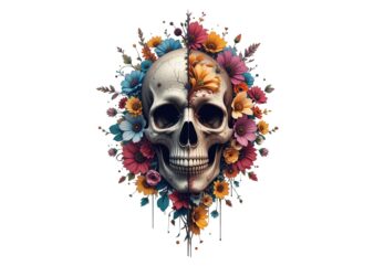 Watercolour Floral Skull Retro Illustration T-shirt design – download instantly