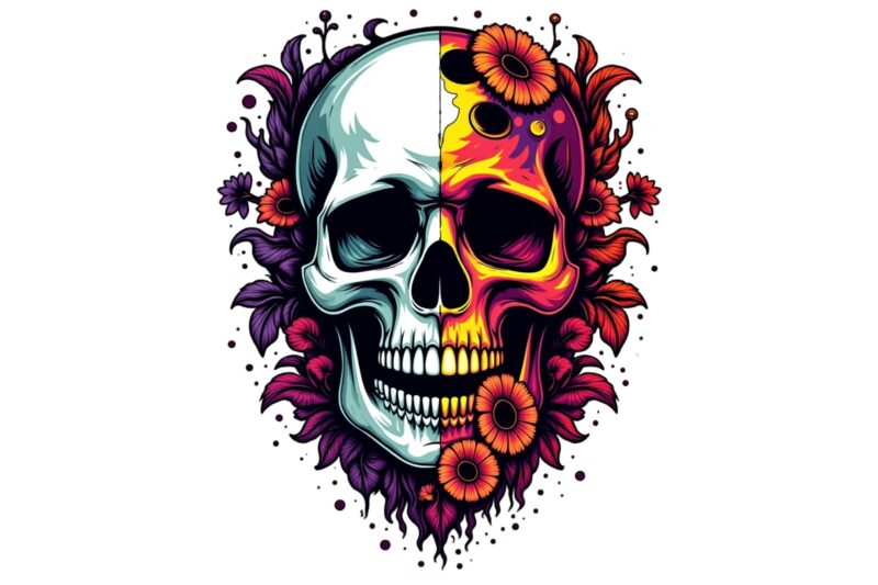 Watercolour Floral Skull Retro Illustration T-shirt design – download instantly Retro Vintage T-shirt
