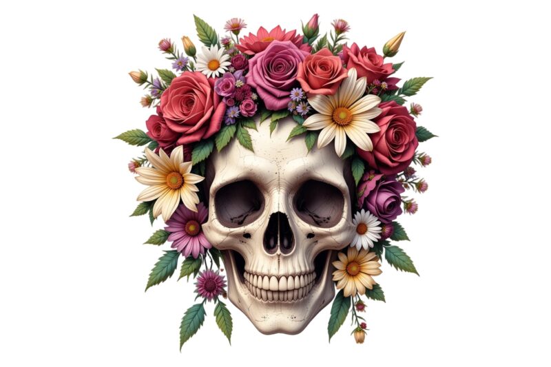 Watercolour Floral Skull Retro Illustration T-shirt design – download instantly