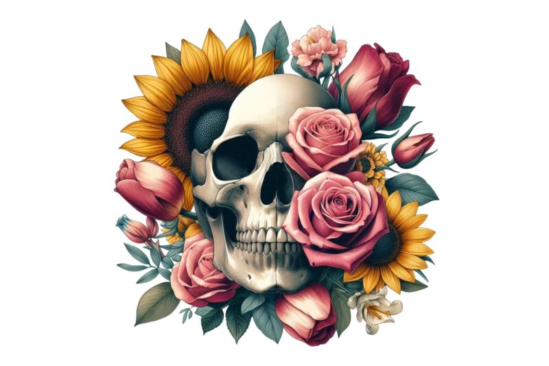 Colourful Vintage Floral Skull t-shirt design download instantly