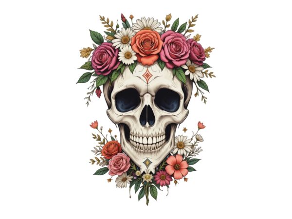 Watercolour floral skull retro illustration t-shirt design – download instantly Watercolour floral skull retro illustration t-shirt design – download instantly