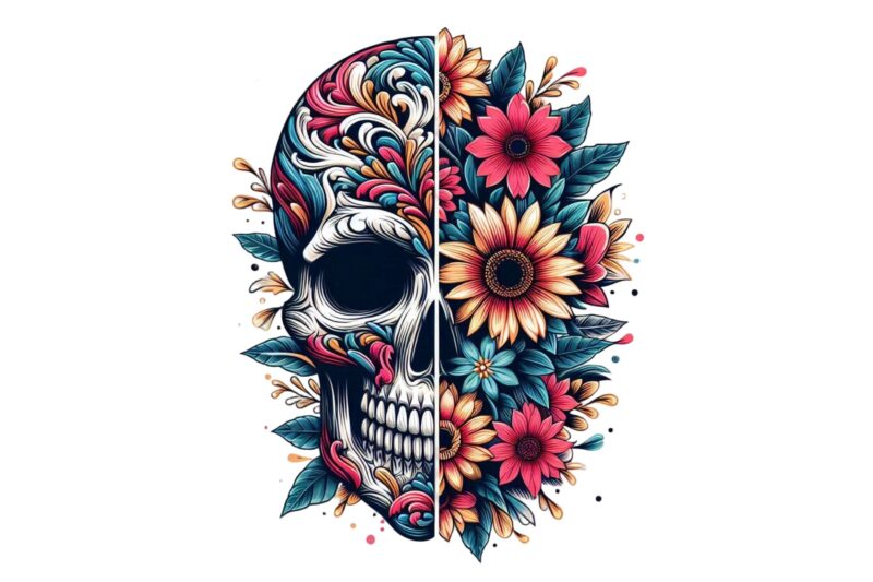 Colourful Vintage Floral Skull t-shirt design download instantly