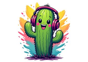 Music Addict Cactus t-shirt design download instantly Retro Vintage T-shirt Illustration