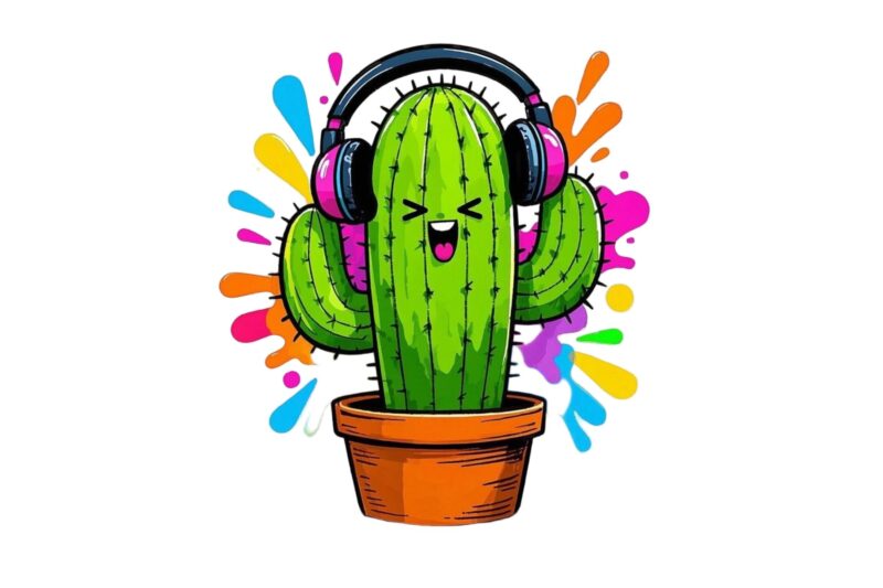 Colourful Vintage Music Addict Cactus t-shirt design download instantly Retro Vintage T-shirt