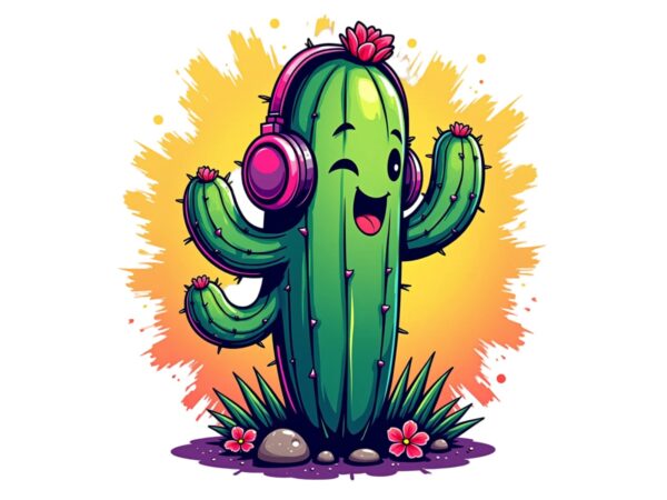Watercolour cute cactus music lover retro illustration t-shirt design Watercolour cute cactus music lover retro illustration t-shirt design
