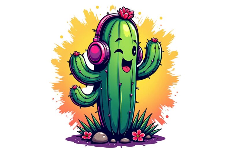 Watercolour Cute Cactus Music Lover Retro Illustration T-shirt design