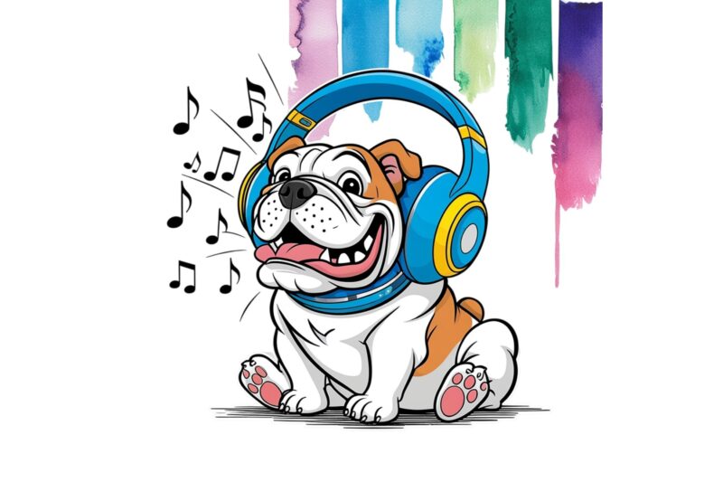 Colourful Bulldog Vintage Music Addict t-shirt design download instantly