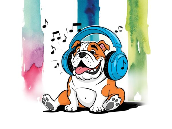 Watercolour cute bulldog music lover retro illustration t-shirt design Watercolour cute bulldog music lover retro illustration t-shirt design