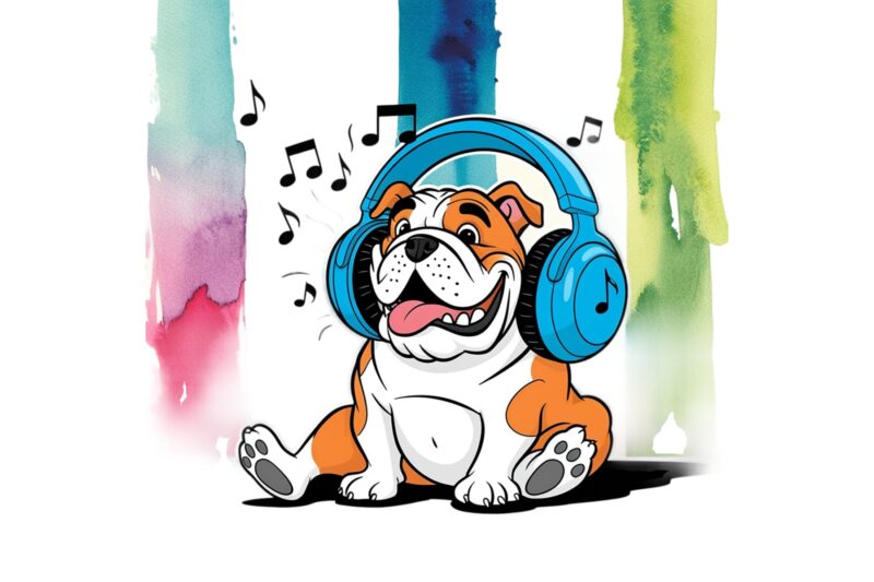 Watercolour Cute Bulldog Music Lover Retro Illustration T-shirt design