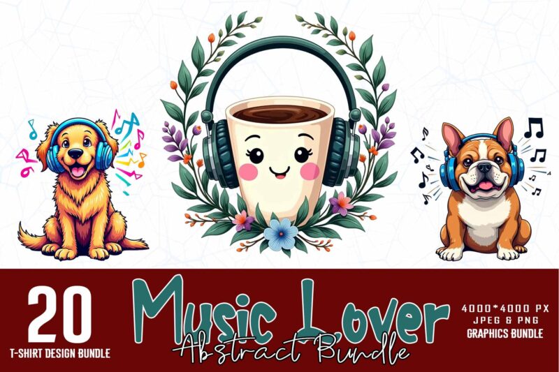 Popular Abstract Music Lover t-shirt design bundle of 20 designs – download instantly