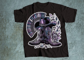 Purple Cowboy Hat and Boots with Diamonds T-Shirt Design – Western Glam Style for Streetwear & Merch