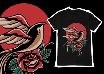 swallow and rose traditional illustration for t-shirt design